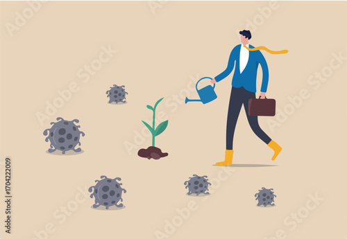 Economic restoration after Coronavirus COVID-19 outbreak crisis, post pandemic era government policy to help business recover concept, businessman watering seedling plant with death virus pathogen.