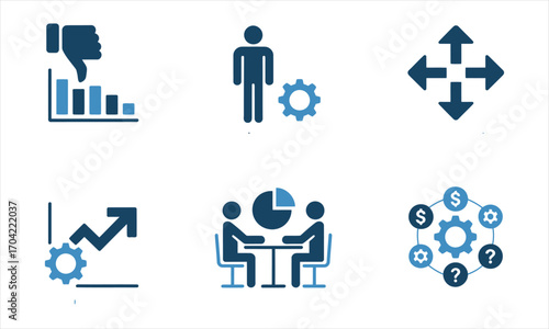 Six business icon images depict charts, staff meeting, and growth strategy with transparent background