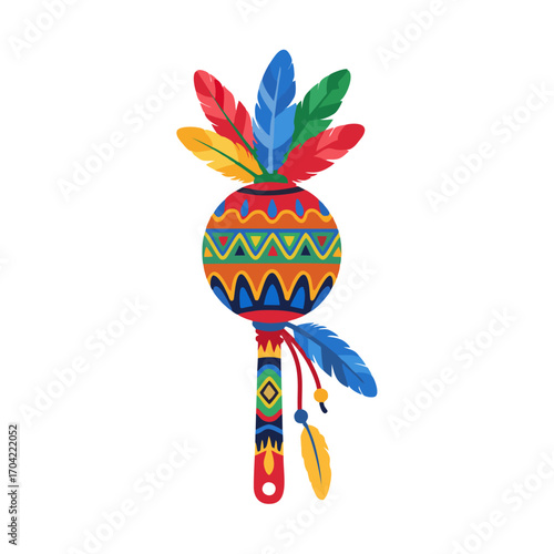Colorful Native American Maraca with Feathers and Geometric Patterns.