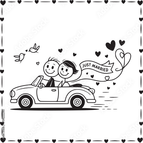 Newlyweds' Joyride: A charming cartoon depicts a newly married couple joyfully cruising in a vintage convertible, with Just Married banner.