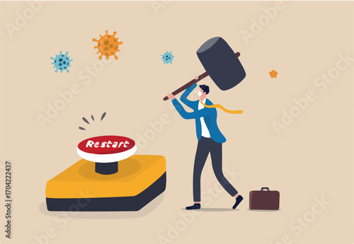 Restart business after Coronavirus COVID-19 lockdown, reopen company employee return to normal operation concept, businessman leader wearing face mask use huge hammer to hit emergency restart button.