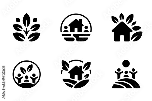 Six Eco-Friendly Community & Home Icons: Solid Black Glyphs on White Background