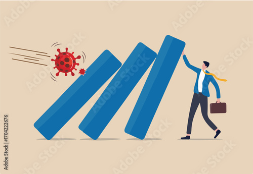 COVID-19 Coronavirus outbreak financial crisis help policy, company and business to survive concept, businessman leader help pushing bar graph falling in economic collapse from COVID-19 virus pathogen
