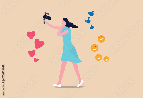 Blogger, vlog, influencer new digital age people broadcast or record their lifestyle to promote story on social media concept, beautiful young lady girl holding camera with love, like and happy sign.