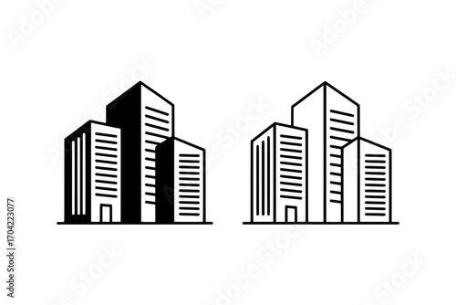 Two stylized building icons: one solid black, one outlined, depicting a cluster of three skyscrapers each, arranged horizontally on a white background.