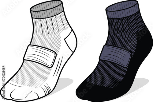 Ankle athletic socks front view, white black strap design, ribbed cuff, textured mesh body, reinforced heel toe, sport fashion illustration
