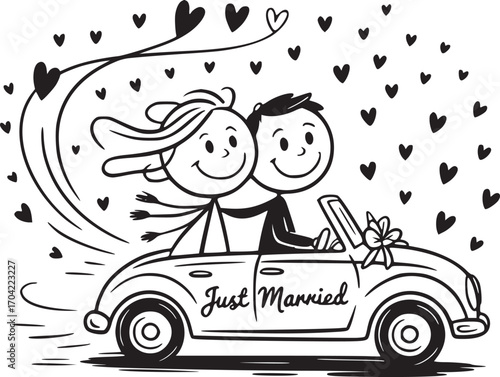 Wedding Car Illustration: Capturing the essence of a newlywed couple's happiness as they embark on their new journey in a charming illustration, perfect for themes of love and celebration. 