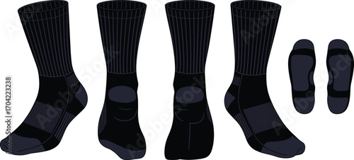Black crew socks front side back view, ribbed cuff design, no show socks top bottom view, athletic casual footwear collection