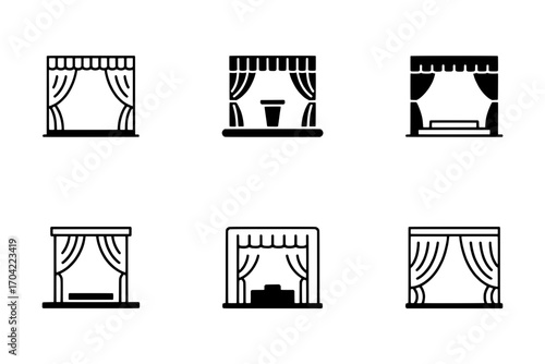 Six Stage Curtain Icons: Variations of Stage Set-Ups with Podium, Bench, and Empty Stage