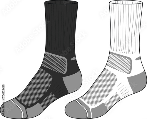 Athletic socks, black and white, breathable fabric, cushioned heel, arch support, performance wear, sports gear, stylish design, durable material, comfort fit