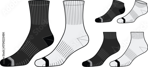 Sock design, black and white, athletic wear, fashion illustration, textile pattern, sports socks, footwear collection, stylish comfort, modern fabric, detailed texture