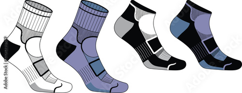 Sock design progression front view, black white outline to full color, purple black gray tones, ribbed cuff, cushioned sole, athletic footwear illustration