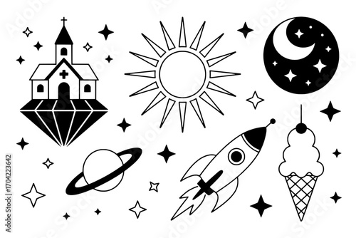 Eight Black and White Line Art Icons: Church on Diamond, Sun, Moon, Rocket, Ice Cream Cone, Saturn, and Stars