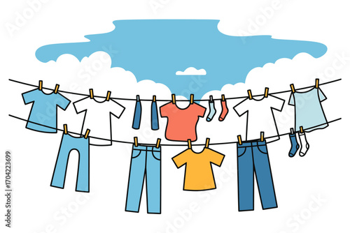 Laundry day clothes hanging on a clothesline with a cloudy sky vector illustration for designs and creative projects