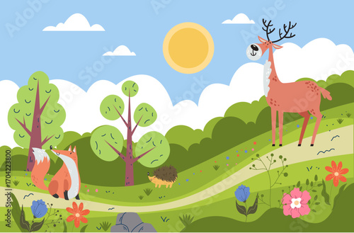 Forest animal bear fox woolf hedgehog wood tree concept. Vector flat graphic design cartoon illustration