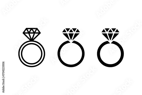 Three Ring Icons: Diamond Ring Variations - Outline, Solid, and Mixed Styles
