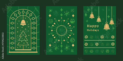 Festive green and gold christmas holiday cards with ornate designs and happy holidays message