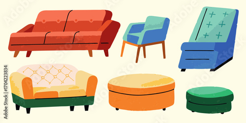 Collection of stylish mid century modern furniture including sofas armchairs and ottomans in vibrant colors