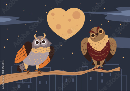 Cute forest love owl animal character woodland emblem line art abstract concept. Vector graphic design element illustration