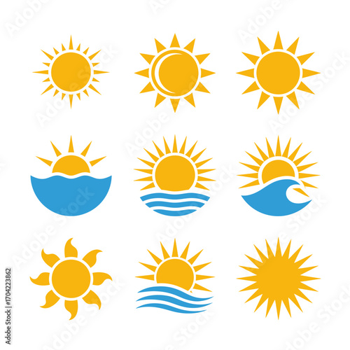 Collection of Vector Sun Icons Featuring Different Styles and Summer Themes Perfect for Graphic Design Projects and Weather Illustrations