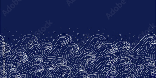 Stylized white line art waves and bubbles on a deep blue background seamless pattern
