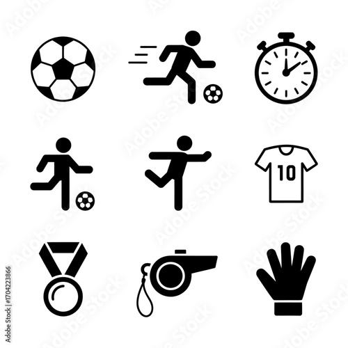 Soccer game elements symbols showcasing players ball stopwatch jersey medal whistle and glove in clean black and white design