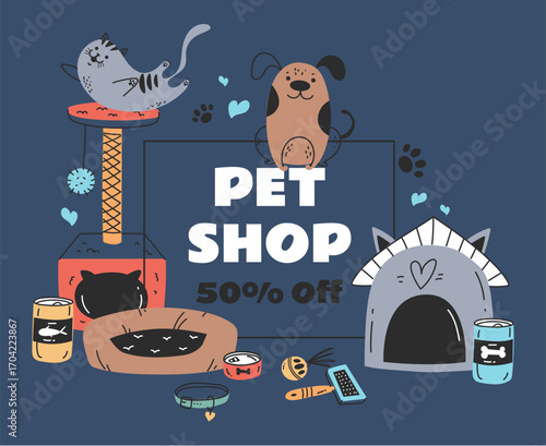 Pet shop sale discount banner poster concept. Animal pets zoo store with food, toys. Vector graphic design illustration element