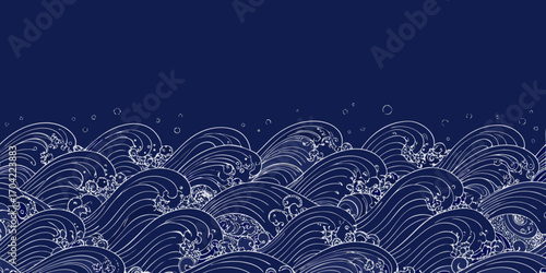 Stylized white wave patterns on a deep blue background with subtle bubbles creating a serene ocean surface