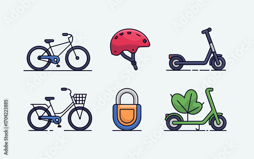 Transportation Icons Set Featuring Bicycles Scooters Helmet and Lock Flat Vector Design for Environmentally Friendly Urban Mobility Solutions