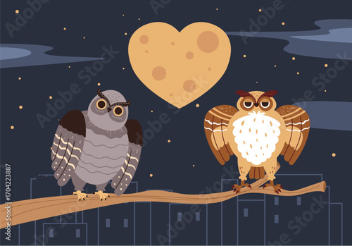 Cute forest love owl animal character woodland emblem line art abstract concept. Vector graphic design element illustration