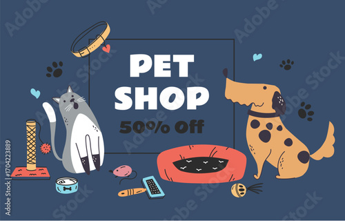 Pet shop sale discount banner poster concept. Animal pets zoo store with food, toys. Vector graphic design illustration element