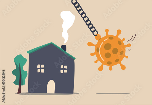 Housing real estate and property market impact from COVID-19 Coronavirus crisis concept, wrecking ball Coronavirus about to crash on peaceful house.