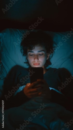 Girl lies in bed using her phone