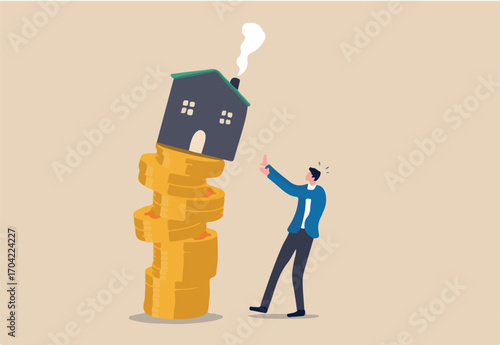 Property and housing market collapse, real estate stock risk or economic recession concept, businessman house owner or real estate agent help protect the house to fall off unstable stack of coins.