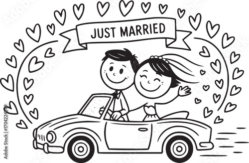 Newlyweds’ Joyful Ride: Charming illustration of a just-married couple in a convertible, waving amidst a celebratory heart-shaped border, symbolizing love and new beginnings.