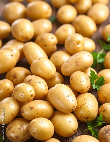 Close-up of many small, pale yellow potatoes, some with light brown spots, arranged densely on a dark wooden surface with sprigs of fresh parsley