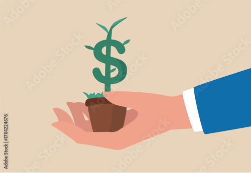 Growth stock return or dividend investment, saving and prosperity or success business achievement concept, businessman investor hand tendering hold plants pot with growing money dollar sign