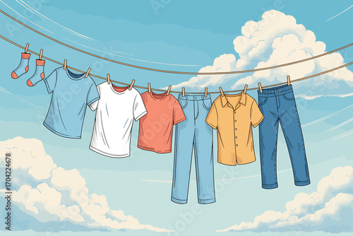 Laundry Day Cartoon Illustration of Clothes Hanging on a Clothesline against a Cloudy Blue Sky Background with Fresh Laundry