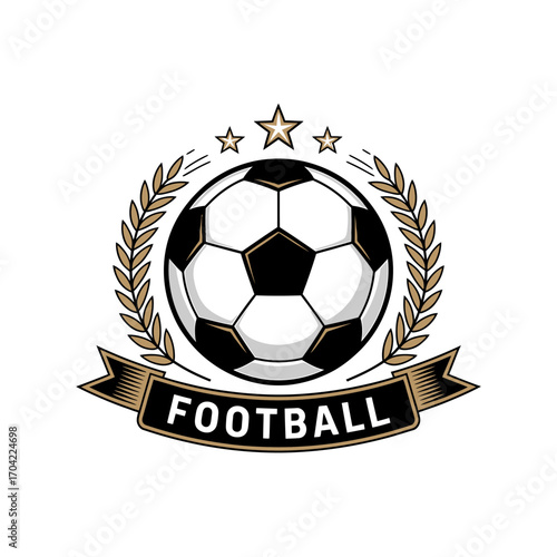 Football crest logo with laurel wreath and stars for sports team or championship design and promotional materials for soccer games and tournaments