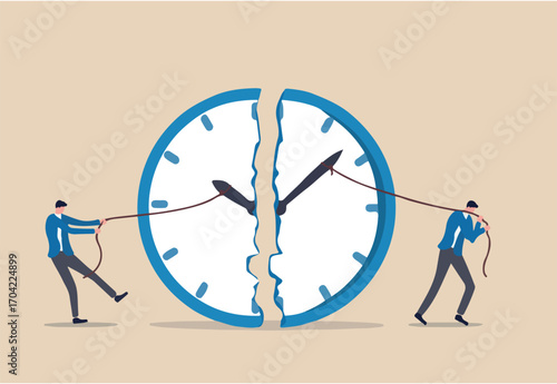 Time management, work deadline or planning for working time concept, businessman using rope to pull minute and hour hand to break the clock metaphor of effort to manage time for multiple projects.