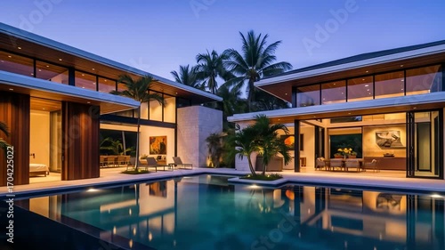 Wallpaper Mural General People & Lifestyle Modern luxury house with swimming pool and palm trees at sunset Torontodigital.ca