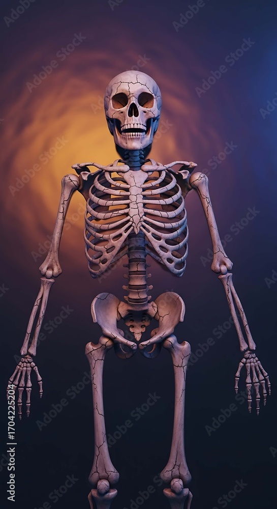Naklejka premium Halloween anatomical skeleton model standing against a swirling orange and blue, creating a dramatic and slightly eerie effect, perfect for educational or artistic purposes
