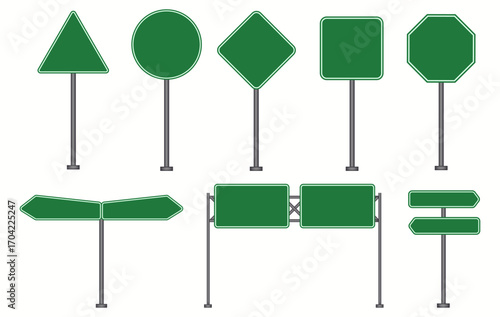 Set of blank green road sign. Empty traffic signs isolated white background.