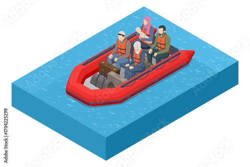 Isometric illustration of refugees in a red inflatable boat with life jackets, carrying luggage across the water. Migration and humanitarian crisis concept.