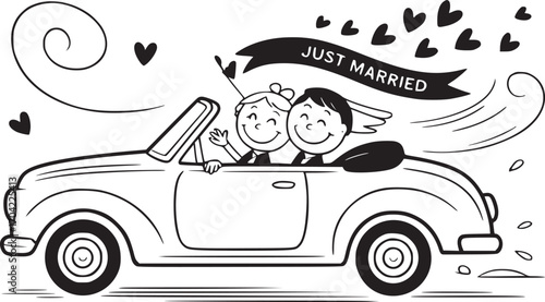 Love's Joyride: A whimsical cartoon captures the joyous moment of a newly married couple as they embark on their honeymoon adventure in a classic convertible, symbols of love fill the air.