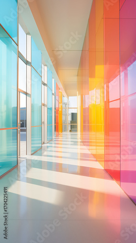 Modern hallway with colorful glass walls and reflections.