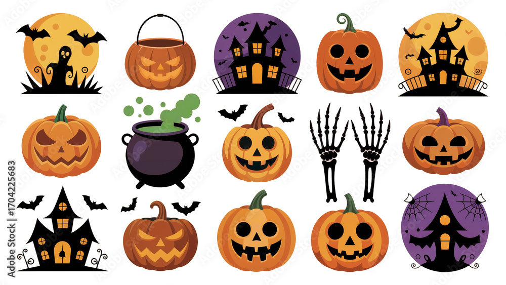 Obraz premium Halloween Element Collection Pumpkin Bat and Spooky House png isolated cutout background