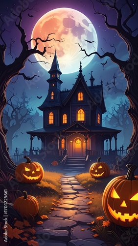 Creepy Halloween Haunted House and Jack O lantern Under a Full Moon