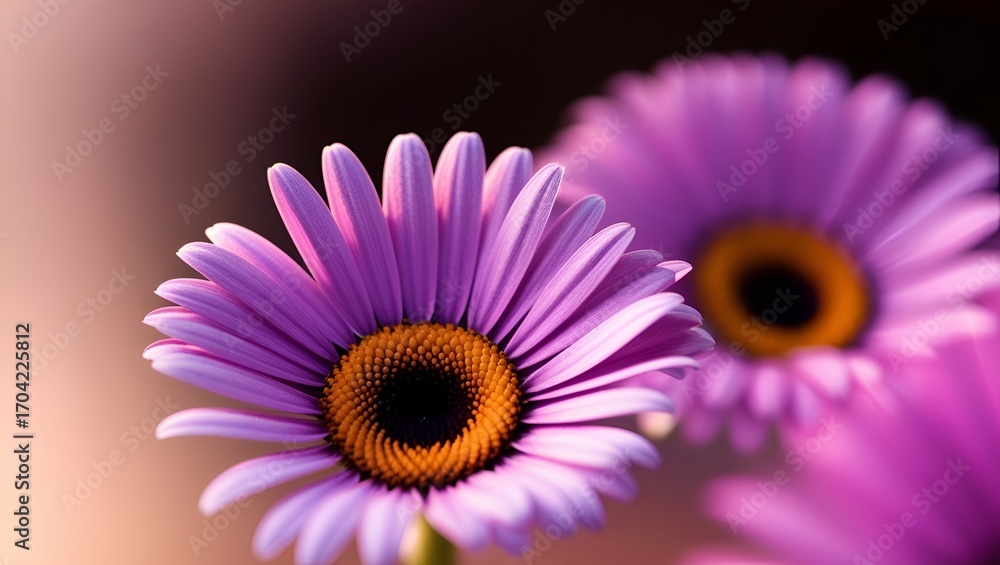 Obraz premium Artistic selective focus shot of a blooming purple African daisy, with delicate textures in focus and surrounding foliage softly blurred.