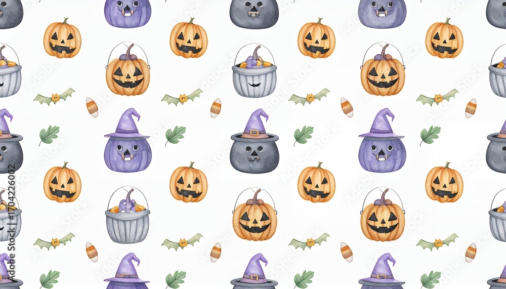 Obraz premium 水彩のハロウィン・カボチャ、キャンディバケツと魔女帽子のシームレスパターン